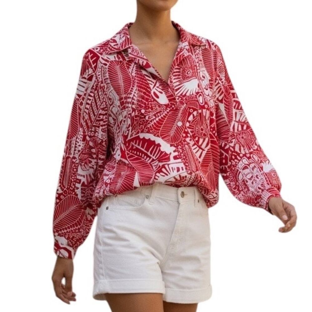 Darue of California Vintage Tropical Blouse Botanical Smocked Hem Size Large/XL